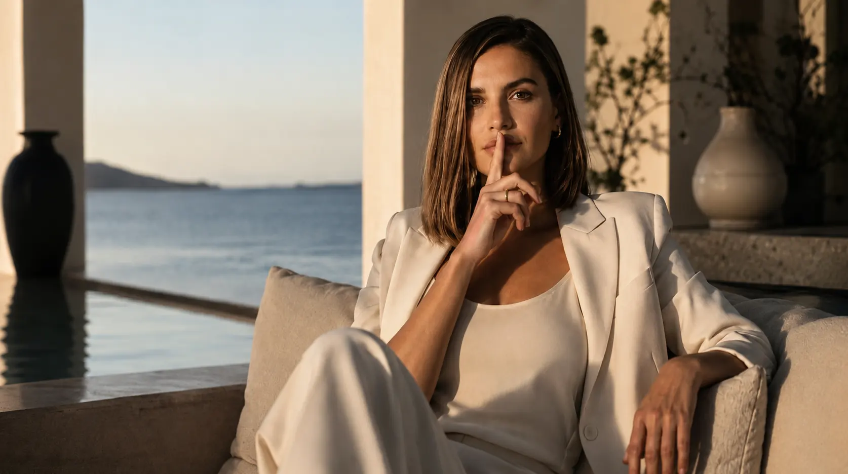 Selma Yakin sitzt im Abendlicht auf einer Terrasse am Meer, den Zeigefinger an den Lippen.