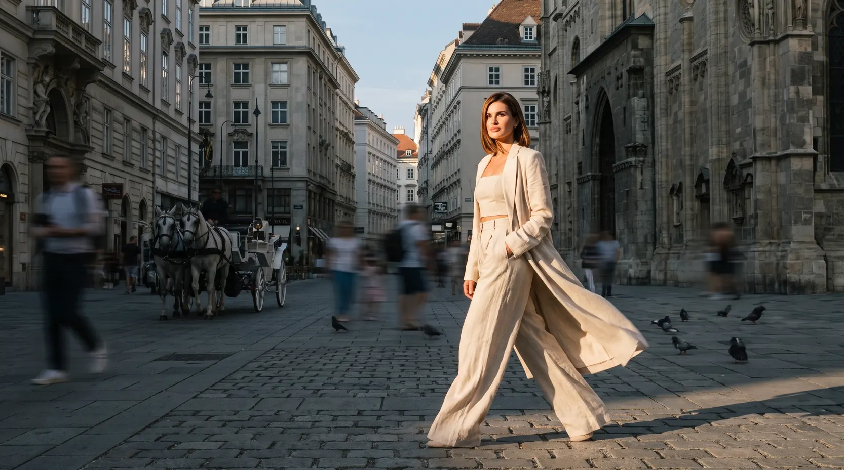Selma Yakin geht ruhig über den Stephansplatz in Wien, die Passanten um sie herum verschwimmen in Bewegung.