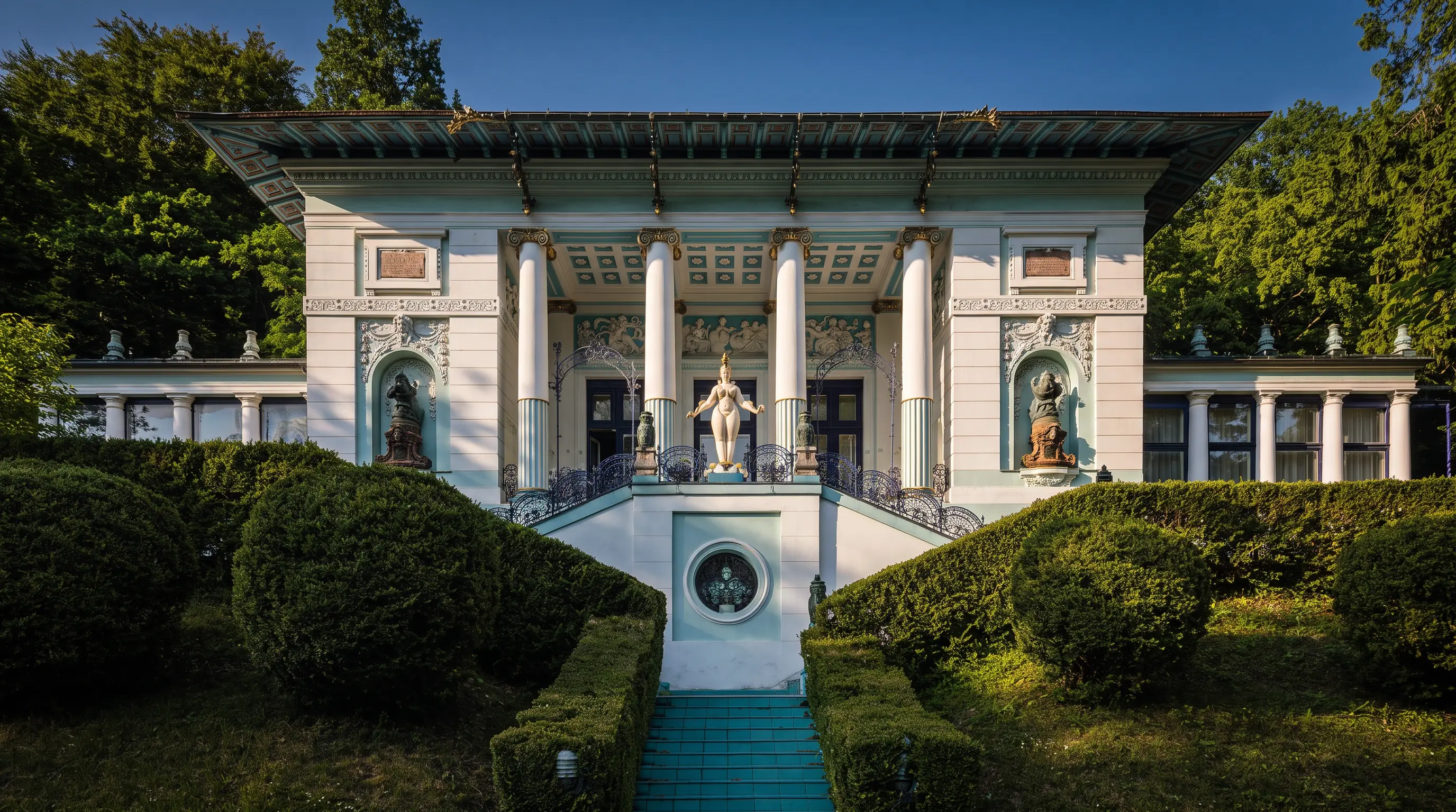 Die Otto-Wagner-Villa in Wien, heute Ernst Fuchs Museum, von der Gartenseite im Abendlicht.