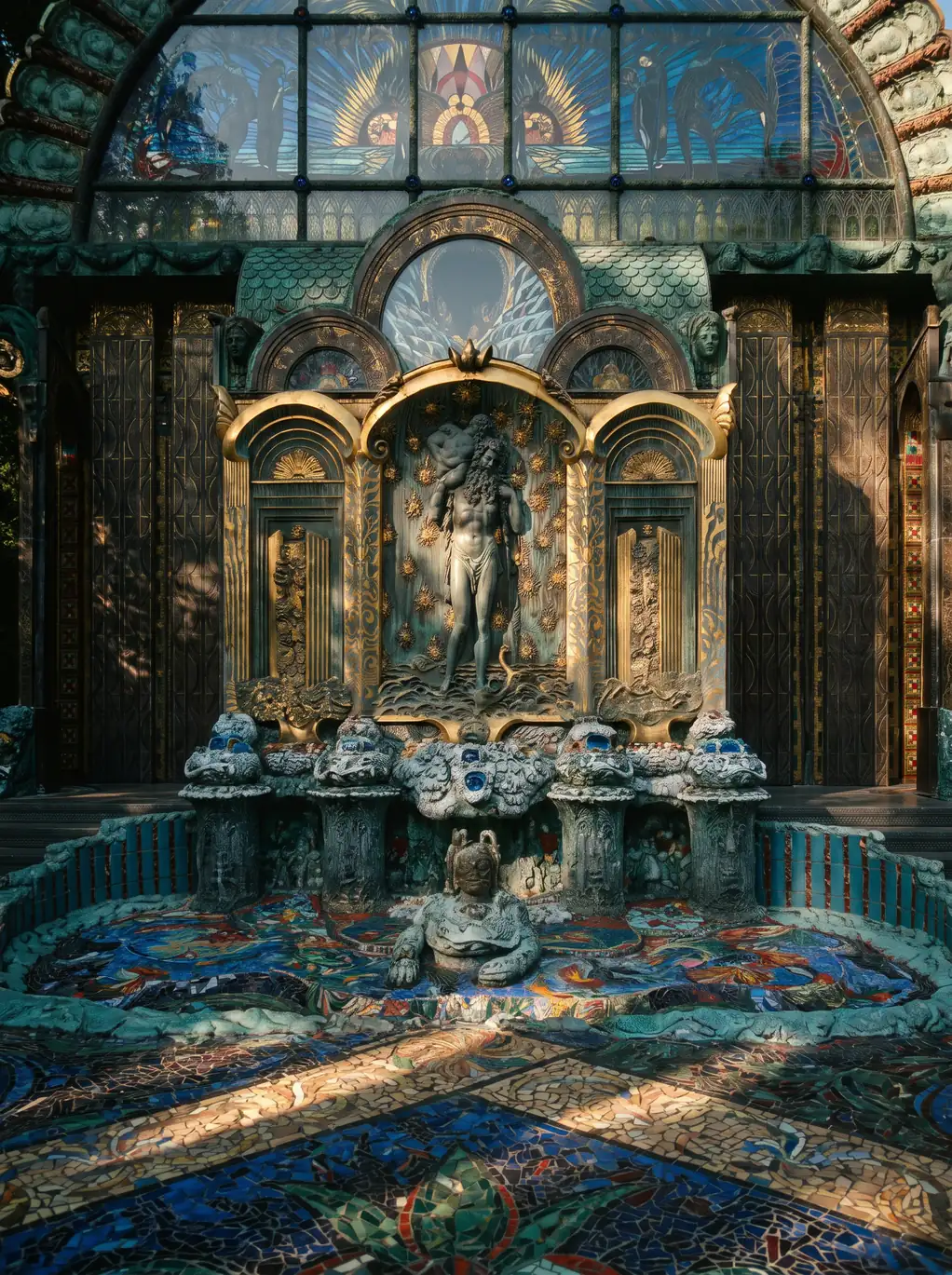 Das Nymphaeum Omega im Garten der Villa: ein Brunnen aus Gold, Mosaik und blauem Glas.