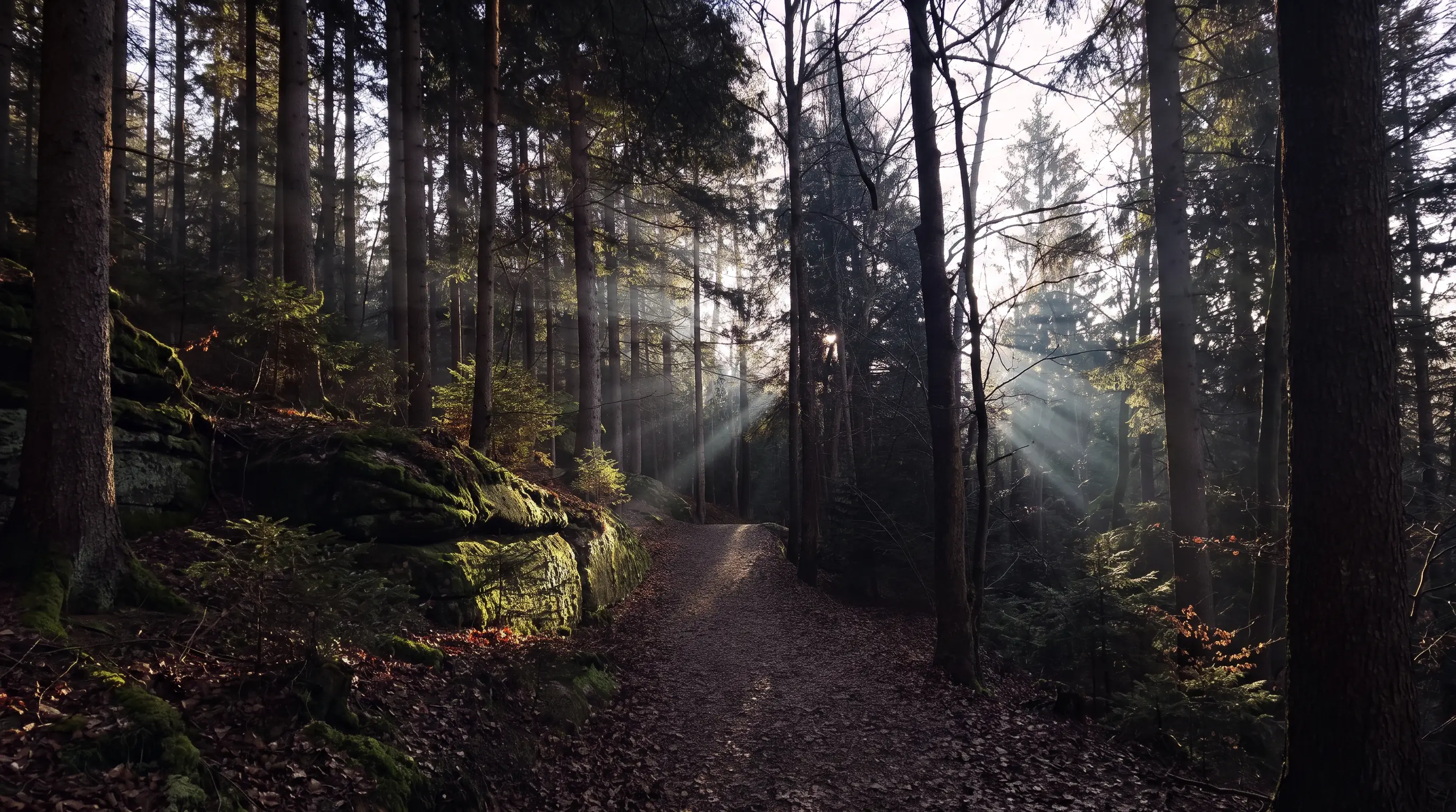 Ein Waldweg im Morgenlicht, die Sonne fällt schräg durch die Stämme.