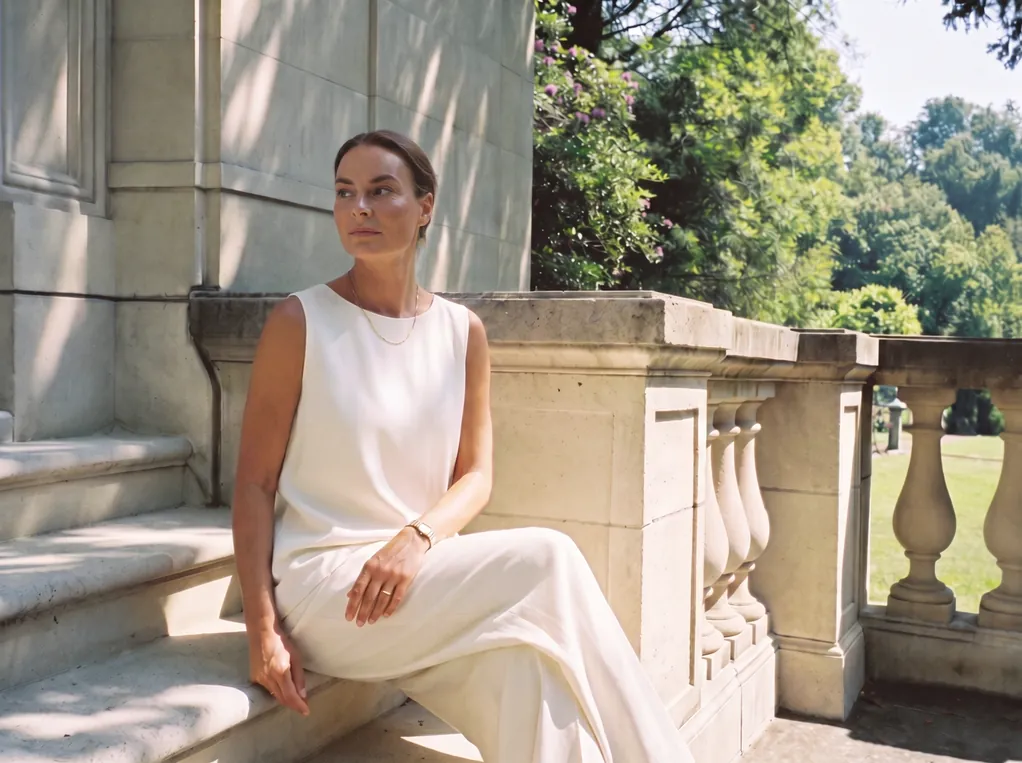 Eine Frau sitzt im Morgenlicht auf der Steinbalustrade eines alten Wiener Gartens, den Blick in den Garten gerichtet.